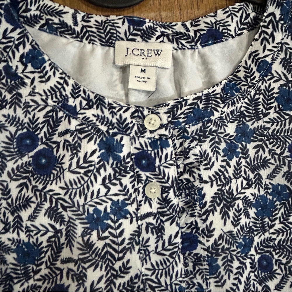 J.Crew Blue Floral Crinkle Puff-Sleeve Ruffle Button-Up Top - Picture 6 of 16